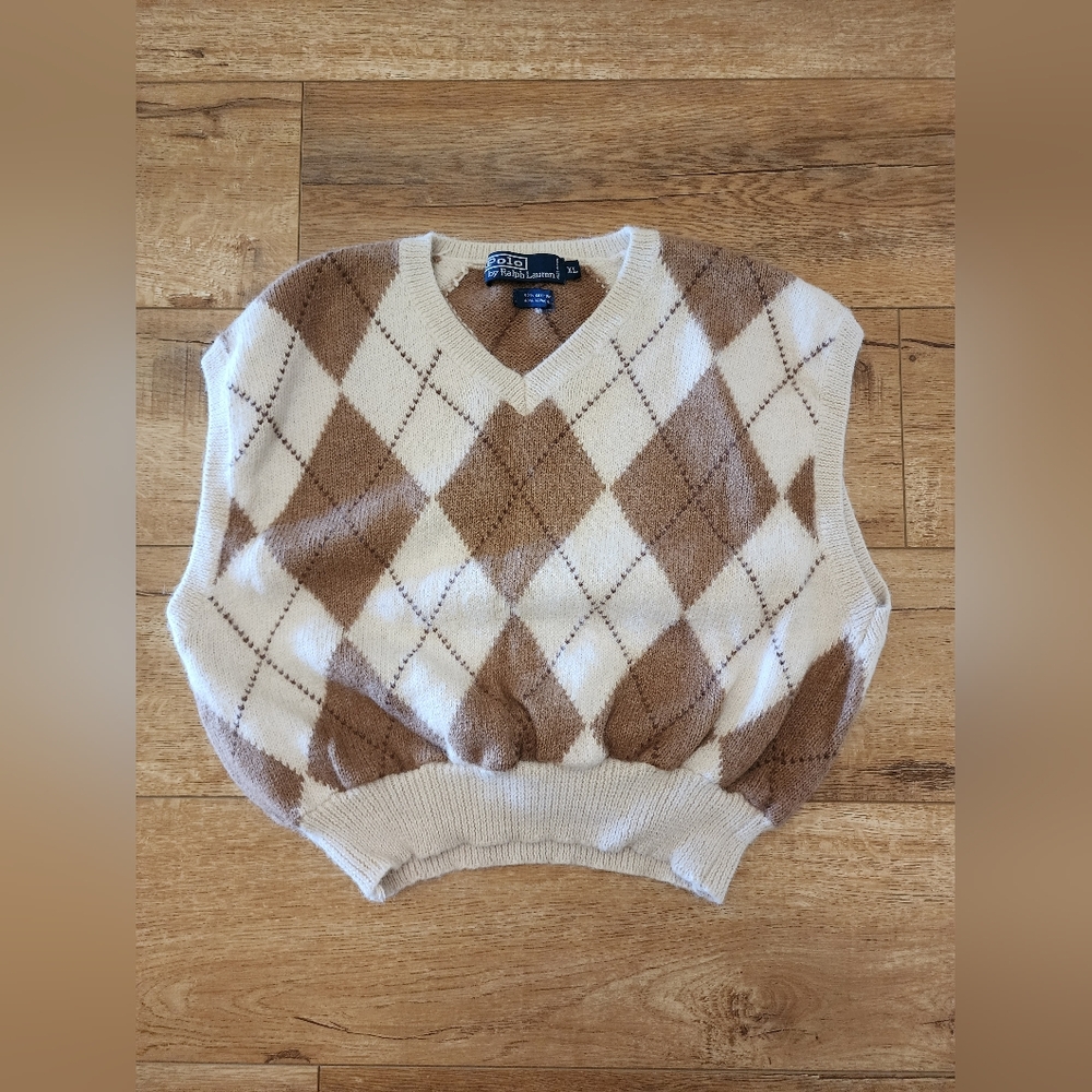 RARE Ralph Lauren Argyle Crop Sleeveless Sweater Vest Cotton Alpaca Women M/L - Picture 3 of 6